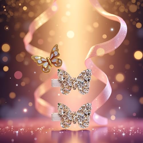 WLngtv Gold Butterfly Hair Clips with Sequin Bows 2-Pack for Girls