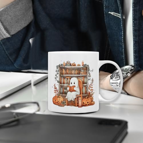 Halloween Reading Ghost Mug - White 11oz Ceramic Coffee Cup for Book Lovers