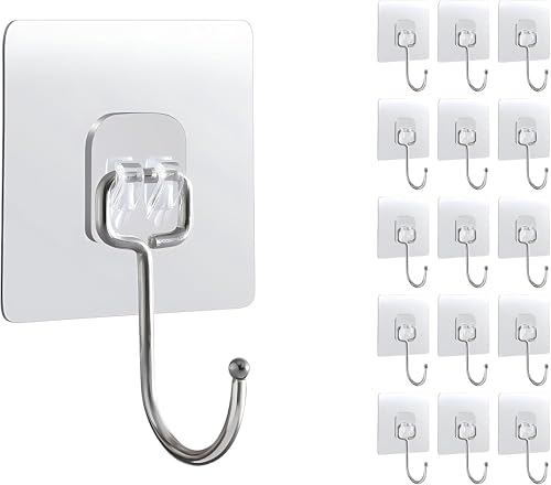 15-Pack Heavy Duty Adhesive Hooks - Transparent Waterproof Wall Hooks