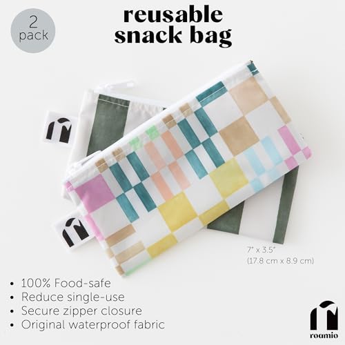 Bumkins Reusable Snack Bags for Kids & Adults - Green Stripe & Multi Check - 2-Pack