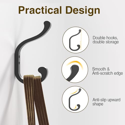 Bussdis Heavy Duty Wall-Mounted Coat Hooks - Black, 4 Pack Dual Hooks
