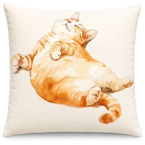 Chubby Orange Tabby Cat Pillow Cover 18x18 Inch - Soft Decor
