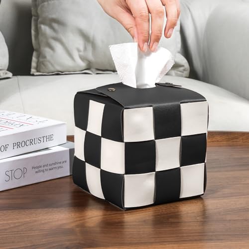 Modern Square PU Leather Tissue Box Cover - Black and Beige Checkered