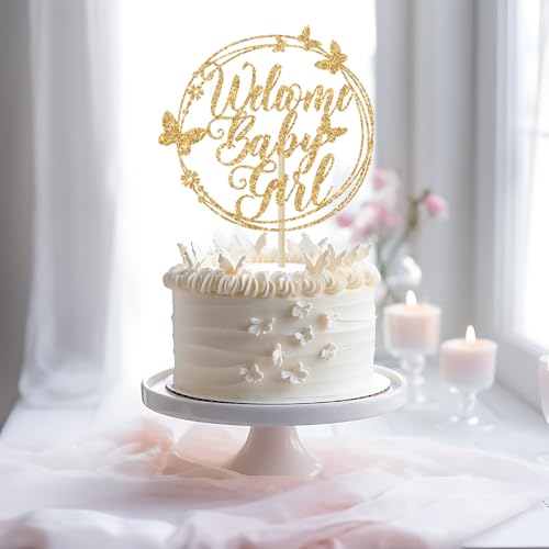 Welcome Baby Girl Cake Topper - Gold Glitter Baby Shower Decoration