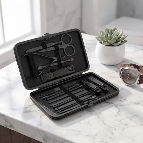16-in-1 Professional Manicure & Pedicure Grooming Kit in Matte Black
