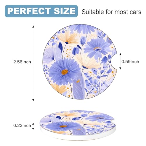 Ceramic Car Cup Holder Coasters Set of 2 - Purple Flower Design