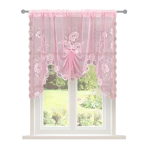 Jayla Pink Floral Lace Curtain Swag, Semi-Sheer Kitchen Valance 39x39 Inch