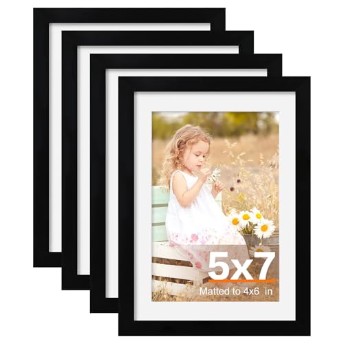 SHOWIN 5x7 Black Picture Frames, 4x6 Photo Frame with Mat, 4 Pack