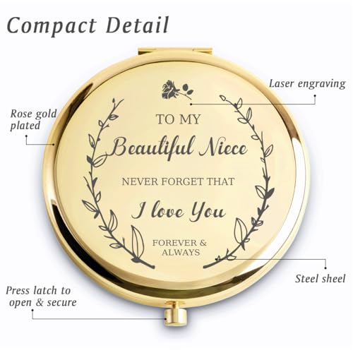 Personalized Compact Mirror for Niece from Aunt and Uncle - Custom Laser Engraved Pocket Makeup Mirror