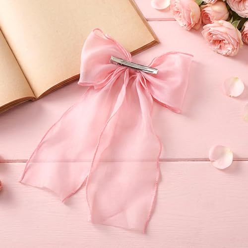 Mabor Large Pink Hair Bows with Long Tail Clip, 2 Pcs