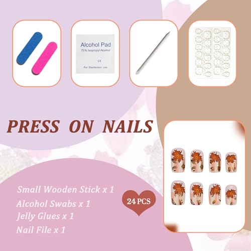 Fall Press on Nails Medium Square Nude Fake Nails with Maple Leaf Design