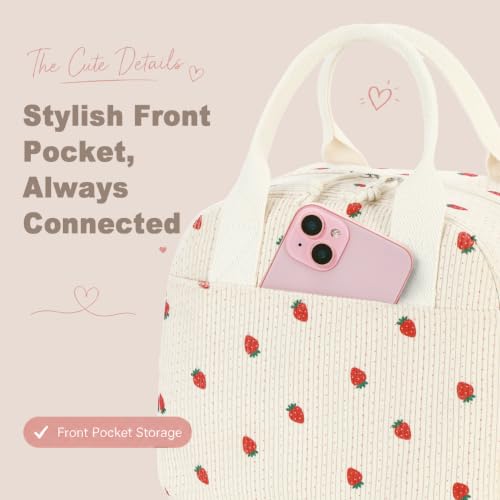 Cute Strawberry Insulated Lunch Bag for Women - Durable Corduroy Tote