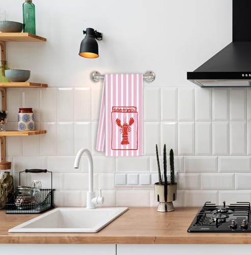 Coastal Beach Lobster Kitchen Towels - 16x24 Inch, Pink Striped