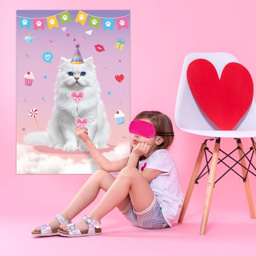 Cat Party Games Set - Pin the Heart on the Cat Poster with Stickers