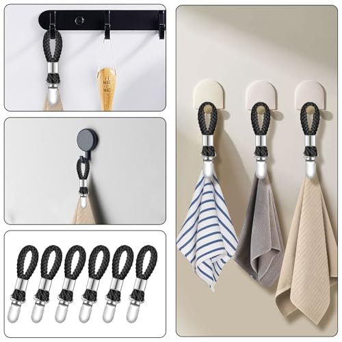 Black 6-Piece Metal & Cotton Kitchen Towel Clips - Versatile & Durable