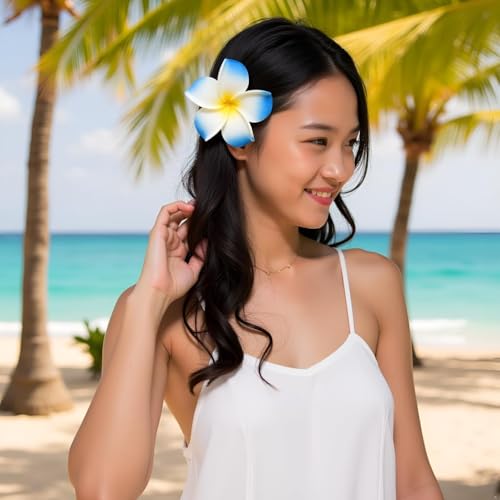 Hawaiian Plumeria Flower Hair Clips 4-Pack - White & Blue Beach Hair Accessories