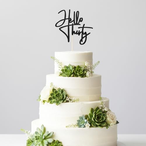 Hello Thirty Cake Topper - Black Glitter 30th Birthday Decoration