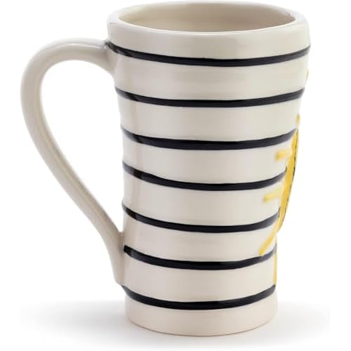 DEMDACO Bright and Cheery Sun and Stripes Sunshine Yellow on Black and White Backdrop 16 Ounce Ceramic Stoneware Coffee Cup Mug
