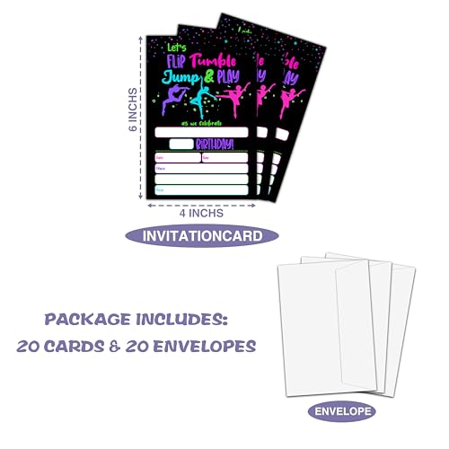 Neon Glow Gymnastics Birthday Invitations - 20 Fill-In Cards with Envelopes