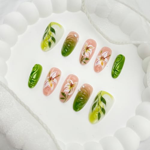 GUAACCB Green Floral Press on Nails Medium Almond Fake Nails 30Pcs