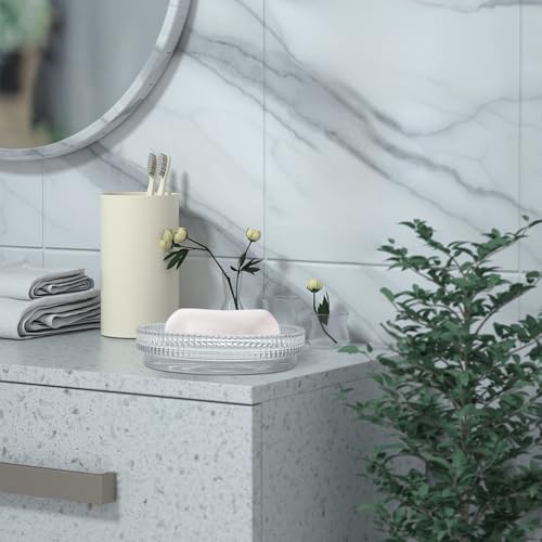 UHEY HOME Clear Glass Soap Dish - Modern Round Bar Soap Holder for Sink