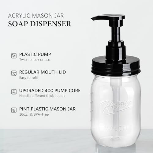 Amolliar 16oz Plastic Mason Jar Soap Dispenser Set - Black, 2 Pack