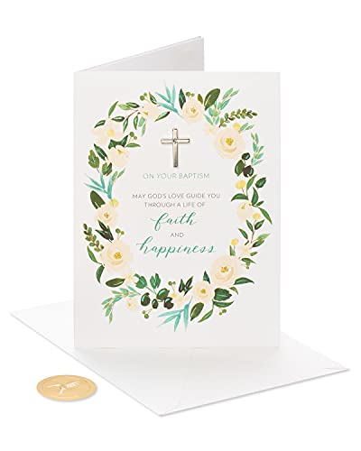 Papyrus Baptism Card - Foliage Design with Silver Cross Charm
