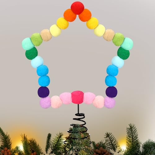 Rainbow Felt Ball Star Christmas Tree Topper 8.3 x 7.1 Inch - Festive Holiday Decoration