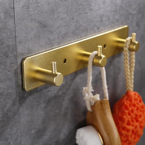 Gold Wall Hooks - 3 Brushed Gold Adhesive Key Hook Rack