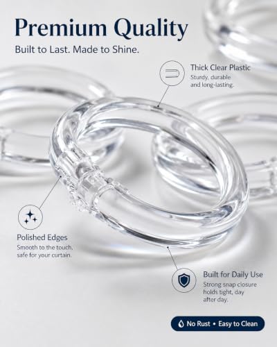 Transparent Shower Curtain Rings - 12 Durable Plastic Hooks
