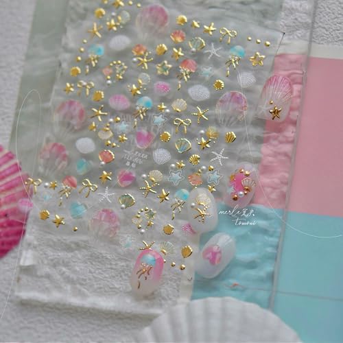 5D Embossed Ocean Nail Stickers - Pearl Seashell, Starfish & Jellyfish Decals