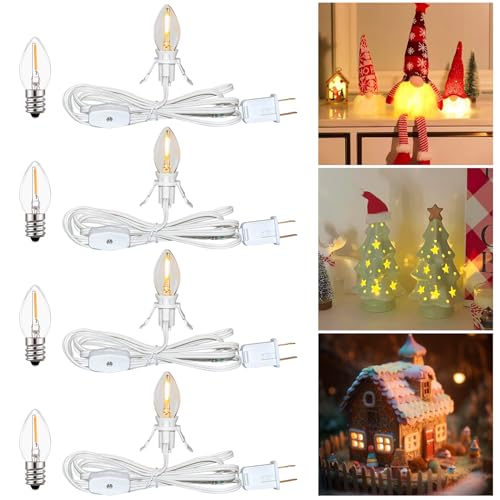 White LED Accessory Cord with Bulb Set - 4 C7 String Lights for Christmas Village & Decor (Variation: White-LED Bulb / 4)