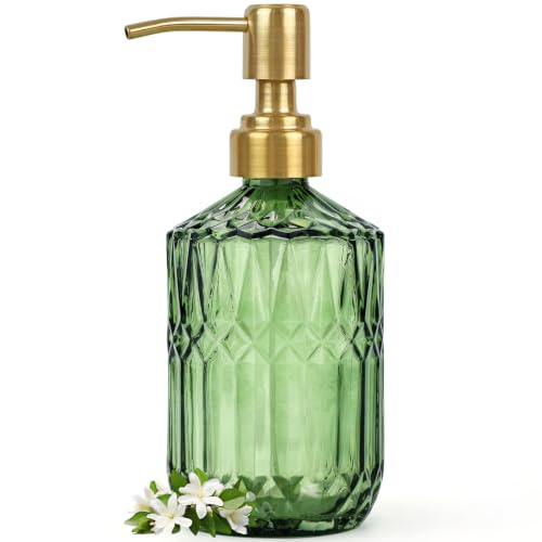 Elegant Green Glass Soap Dispenser with Rust-Proof Pump - 15.4 Oz