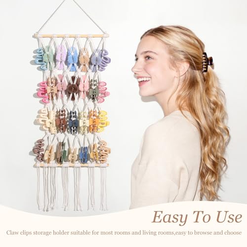 SNOWSTAR Macrame Claw Clip Organizer - 4-Tier Hanging Hair Clip Holder, White