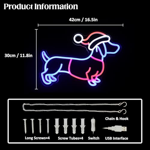 Blue Red White Dachshund Neon Sign with Christmas Hat LED Wall Light for Party Decor