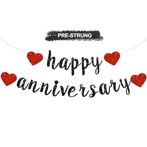 Glitter Happy Anniversary Banner Decoration - Black Red Pre-Strung