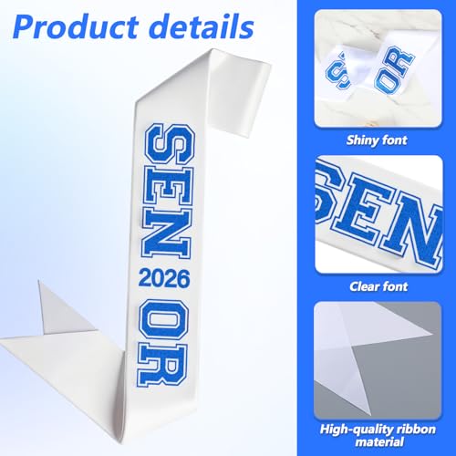 2026 Senior Sash - White Satin with Blue Glitter Letters