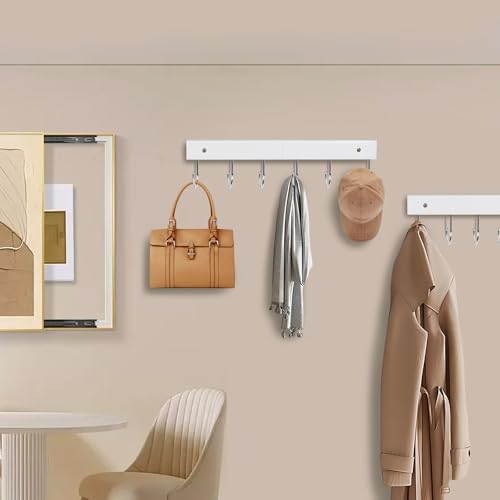 White Wall Mount Coat Rack with 6 Rotating Hooks - 14.6 inch Wooden Hanger