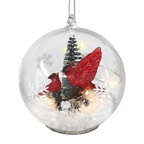 Lighted Cardinal Christmas Ornament - 4 Inch Snow Globe with Red Cardinals