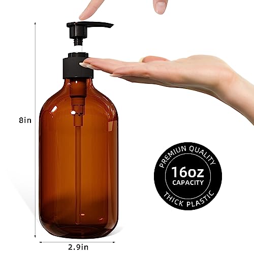 Amber Soap Dispenser Set - 16 Oz Plastic Pump Bottles (2 Pack)