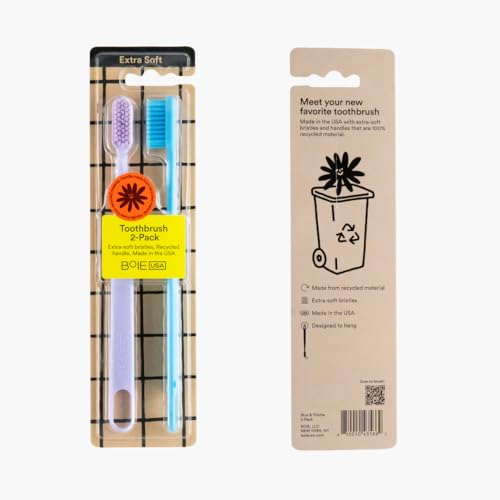 Boie USA Extra Soft Toothbrush 2-Pack, Recycled Handles, Gentle Clean