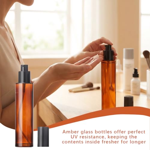 QUUPY 3-Pack 60ml Amber Glass Pump Bottles for Travel, Lotion & Cosmetics