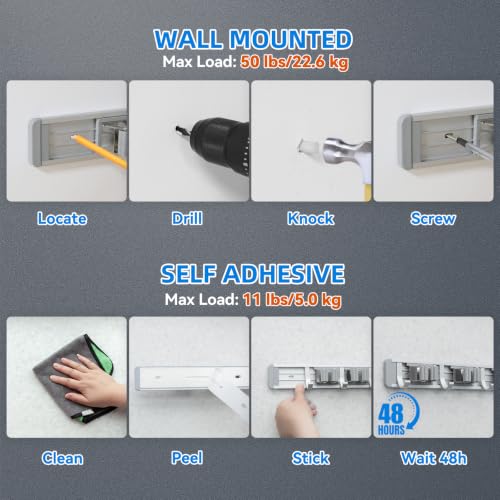 Reliahom 1 Pack Broom Holder Wall Mount with 4 Racks & 5 Hooks - Gray