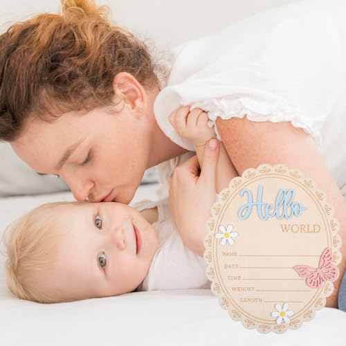 Hello World Newborn Announcement Sign - 5.9x4.7 Inch Wooden Baby Keepsake