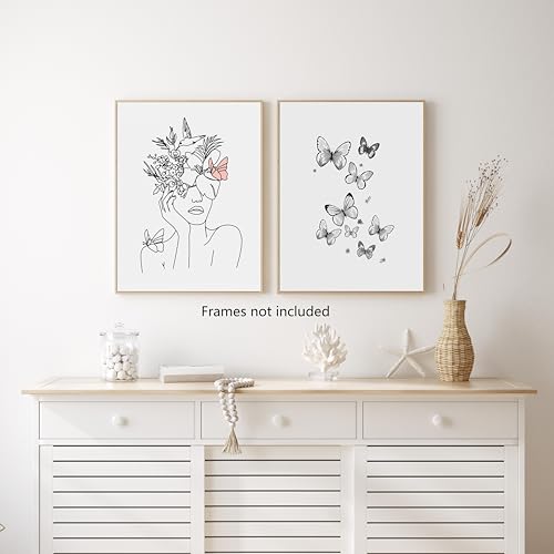 Boho Wall Art Set of 6 for Bedroom Decor - Minimalist Line Art Prints