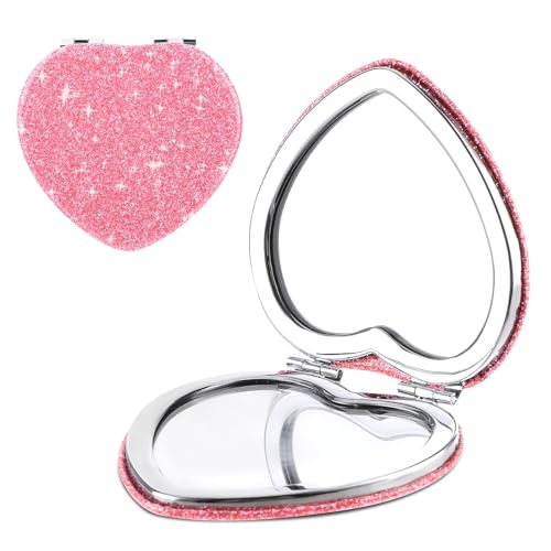 YUXIANLB Heart Shaped Compact Mirror for Purse - Pink Mini Travel Pocket Makeup Mirror with 1X/2X Magnification