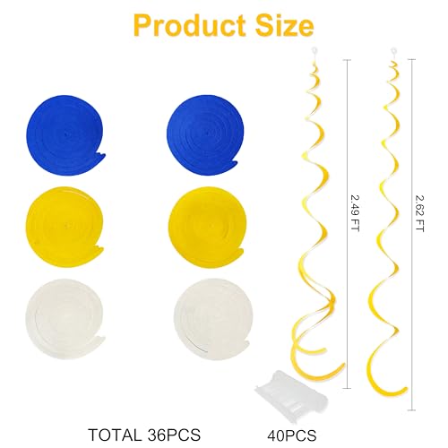 36 Pcs Felt Hanging Swirl Decorations - Royal Blue, Yellow & White Streamers