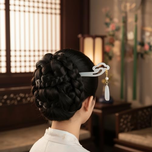 Chinese Acetate Jade Hair Stick with Tassel Flower Pendant for Updos
