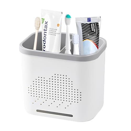 BINBLEOM White & Gray 2-Slot Toothbrush & Toothpaste Holder with Drainage, Detachable Bathroom Organizer