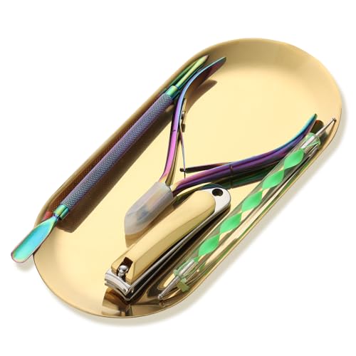 FSpronail Gold Stainless Steel Oval Nail Art Storage Tray & Jewelry Holder